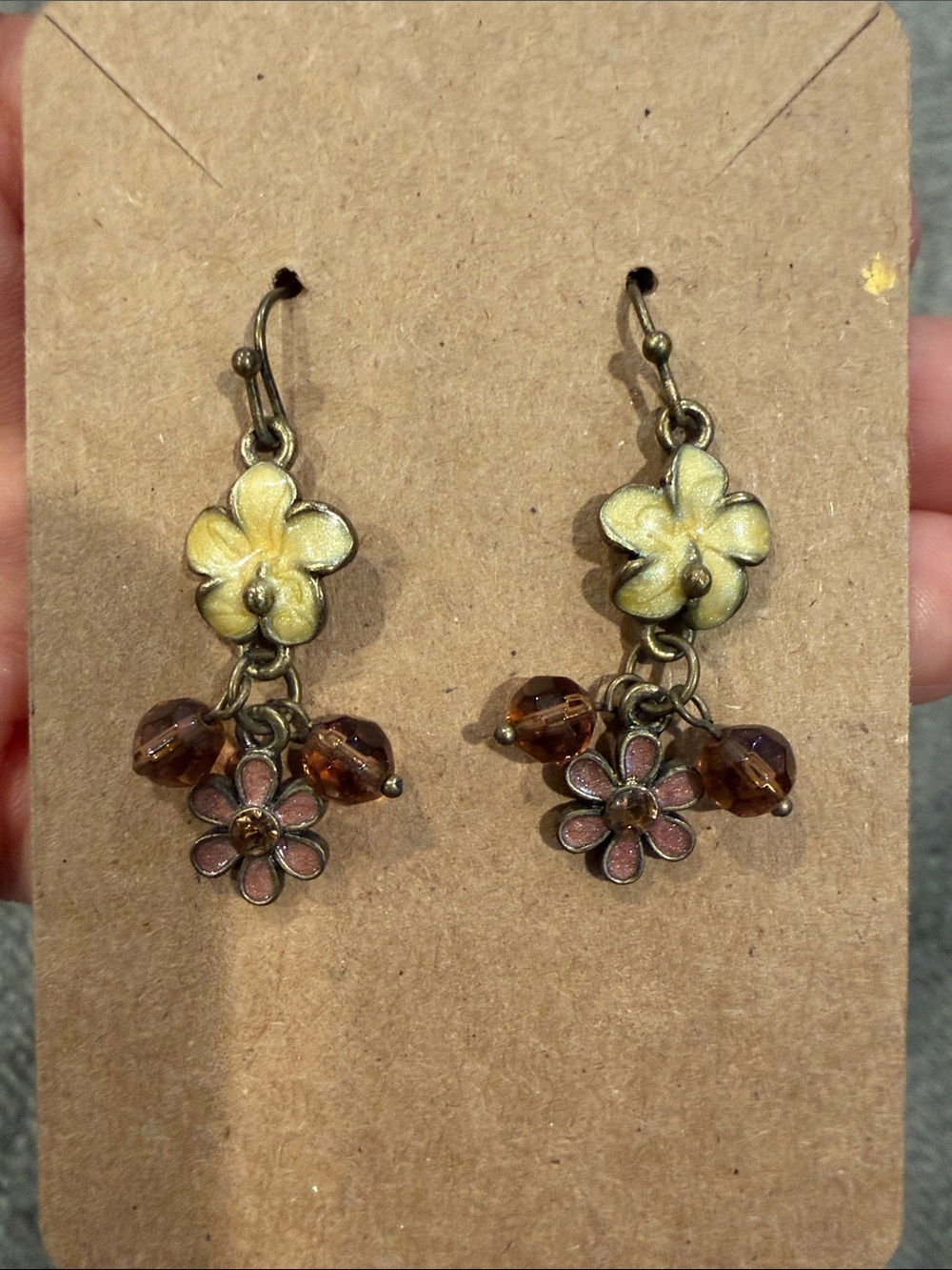 Yellow Flower Drop Earrings with Amber Beads